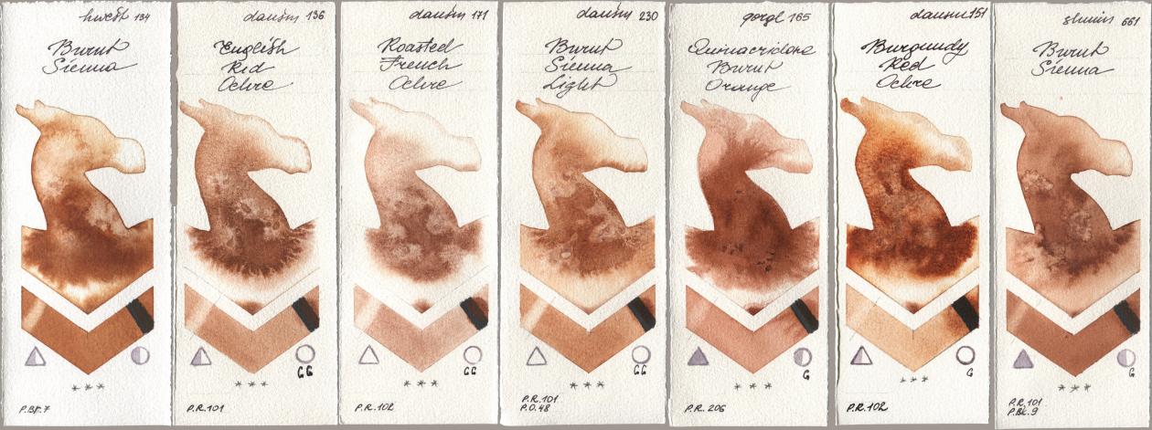 Holbein Artists Watercolor 134 Burnt Sienna, Daniel Smith 136 English Red Ochre, 171 Roasted French Ochre, 230 Burnt Sienna Light, Golden QOR 165 Quinacridone Burnt Orange, 151 Burgundy Red Ochre, Shminke Horadam Aquarell 661 Burnt Sien watercolor swatch