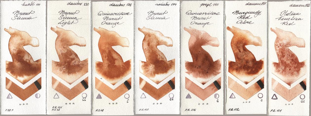 Holbein Artists Watercolor 134 Burnt Sienna, Daniel Smith 230 Burnt Sienna Light, 086 Quinacridone Burnt Orange, Winsor & Newton Professional 074 Burnt Sienna, Golden QOR 165 Quinacridone Burnt Orange, 151 Burgundy Red Ochre, 122 Italian Venetian R watercolor swatch