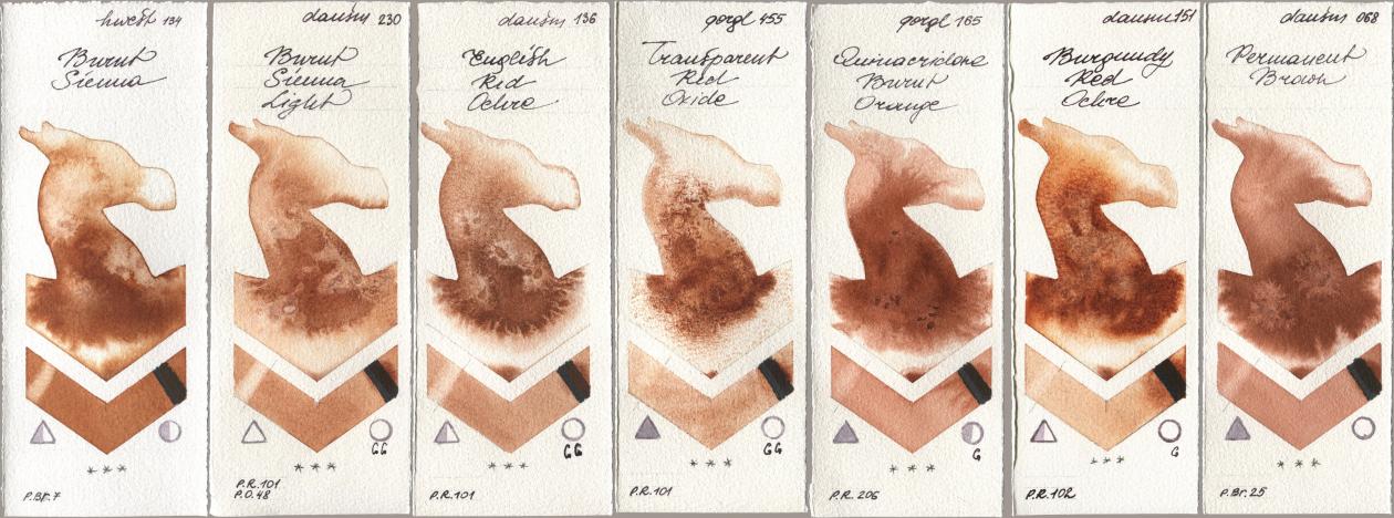 Holbein Artists Watercolor 134 Burnt Sienna, Daniel Smith 230 Burnt Sienna Light, 136 English Red Ochre, Golden QOR 455 Transparent Red Oxide, 165 Quinacridone Burnt Orange, 151 Burgundy Red Ochre, 068 Permanent Bro watercolor swatch