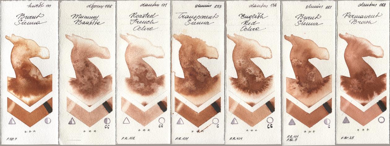 Holbein Artists Watercolor 134 Burnt Sienna, Daniel Smith 166 Mummy Bauxite, 171 Roasted French Ochre, Shminke Horadam Aquarell 653 Transparent Sienna, 136 English Red Ochre, 661 Burnt Sienna, 068 Permanent Bro watercolor swatch