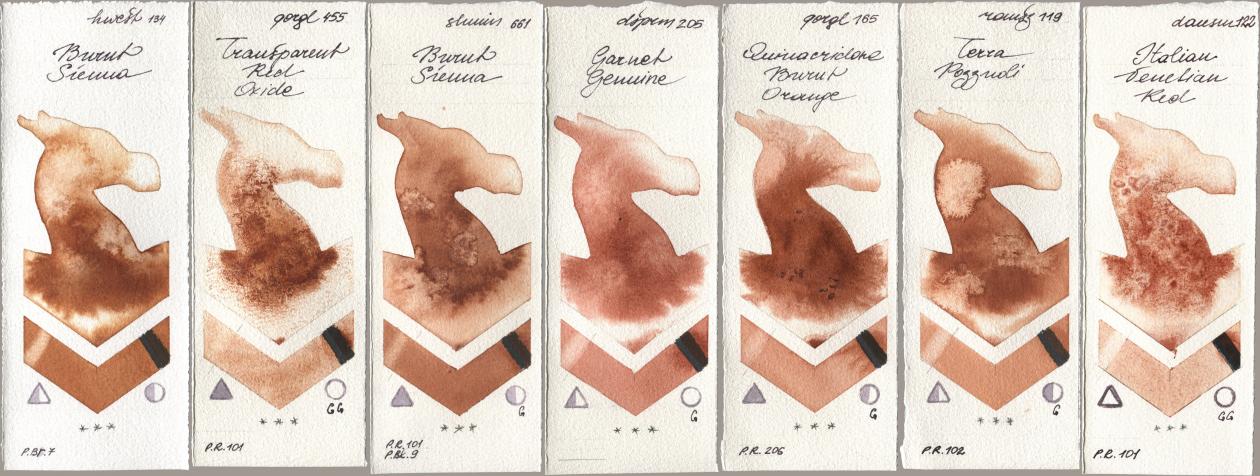 Holbein Artists Watercolor 134 Burnt Sienna, Golden QOR 455 Transparent Red Oxide, Shminke Horadam Aquarell 661 Burnt Sienna, Daniel Smith 205 Garnet Genuine, 165 Quinacridone Burnt Orange, Roman Szmal Aquarius 119 Terra Pozzuoli, 122 Italian Venetian R watercolor swatch