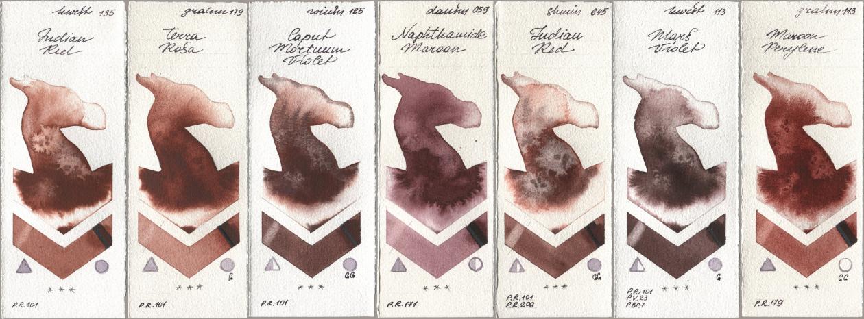 Holbein Artists Watercolor 135 Indian Red, M. Graham & Co. Artists 179 Terra Rosa, Winsor & Newton Professional 125 Caput Mortuum Violet, Daniel Smith 059 Naphthamide Maroon, Shminke Horadam Aquarell 645 Indian Red, 113 Mars Violet, 113 Maroon Peryle watercolor swatch