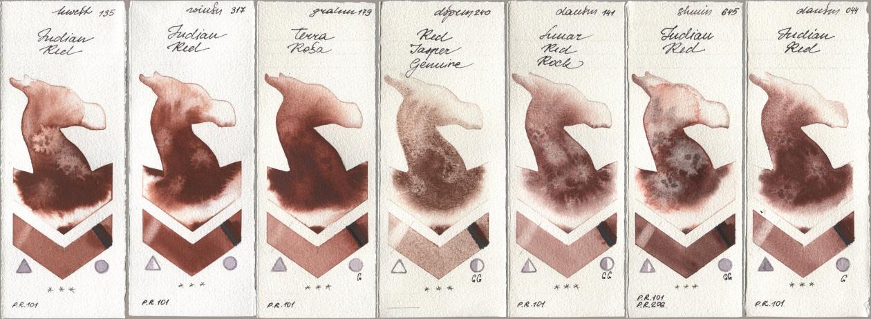 Holbein Artists Watercolor 135 Indian Red, Winsor & Newton Professional 317 Indian Red, M. Graham & Co. Artists 179 Terra Rosa, Daniel Smith 240 Red Jasper Genuine, 141 Lunar Red Rock, Shminke Horadam Aquarell 645 Indian Red, 044 Indian R watercolor swatch