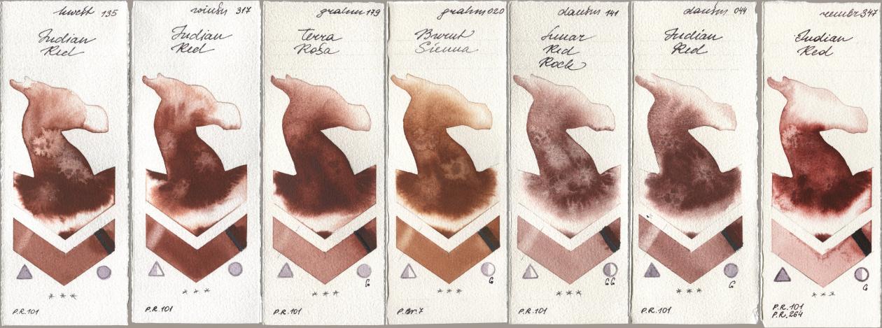 Holbein Artists Watercolor 135 Indian Red, Winsor & Newton Professional 317 Indian Red, M. Graham & Co. Artists 179 Terra Rosa, 020 Burnt Sienna, Daniel Smith 141 Lunar Red Rock, 044 Indian Red, Royal Talens Rembrandt Watercolour 347 Indian R watercolor swatch