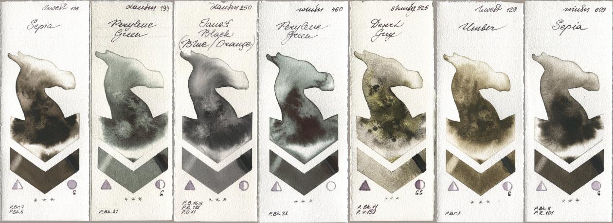 Holbein Artists Watercolor 136 Sepia, Daniel Smith 194 Perylene Green, 250 Janes Black (Blue/Orange), Winsor & Newton Professional 460 Perylene Green, Shminke Horadam Aquarell 925 Desert Grey, 129 Umber, 609 Sep watercolor swatch