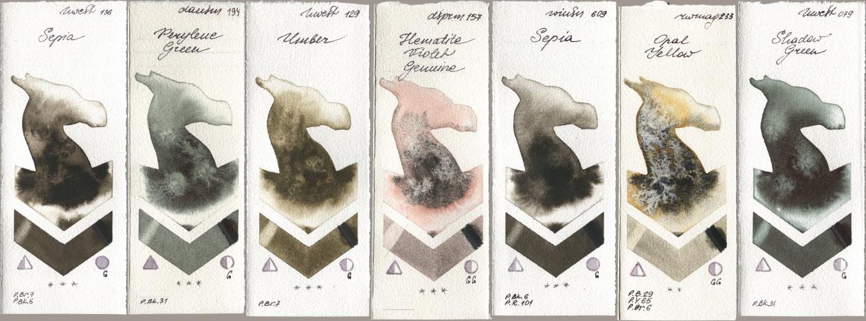 Holbein Artists Watercolor 136 Sepia, Daniel Smith 194 Perylene Green, 129 Umber, 157 Hematite Violet Genuine, Winsor & Newton Professional 609 Sepia, Rockwell 233 Opal Yellow, 079 Shadow Gre watercolor swatch