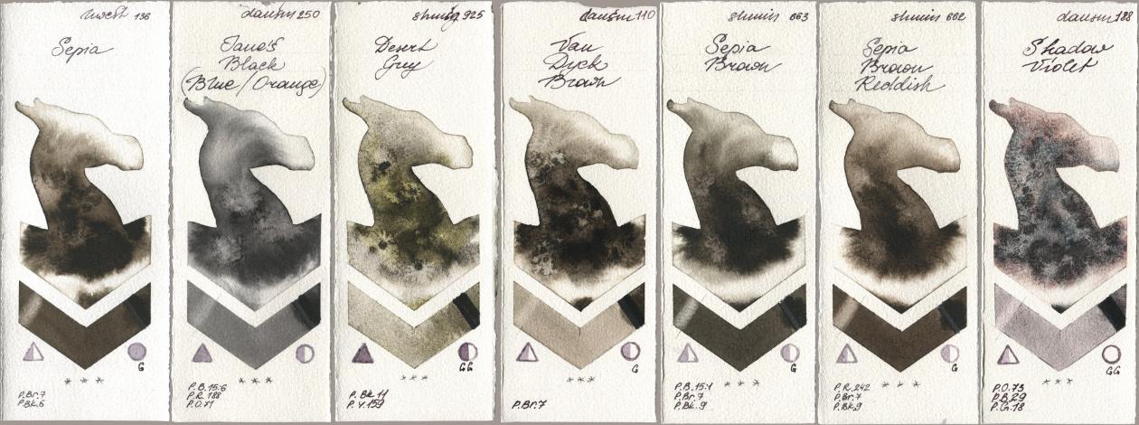 Holbein Artists Watercolor 136 Sepia, Daniel Smith 250 Janes Black (Blue/Orange), Shminke Horadam Aquarell 925 Desert Grey, 110 Van Dyck Brown, 663 Sepia Brown, 662 Sepia Brown Reddish, 188 Shadow Viol watercolor swatch