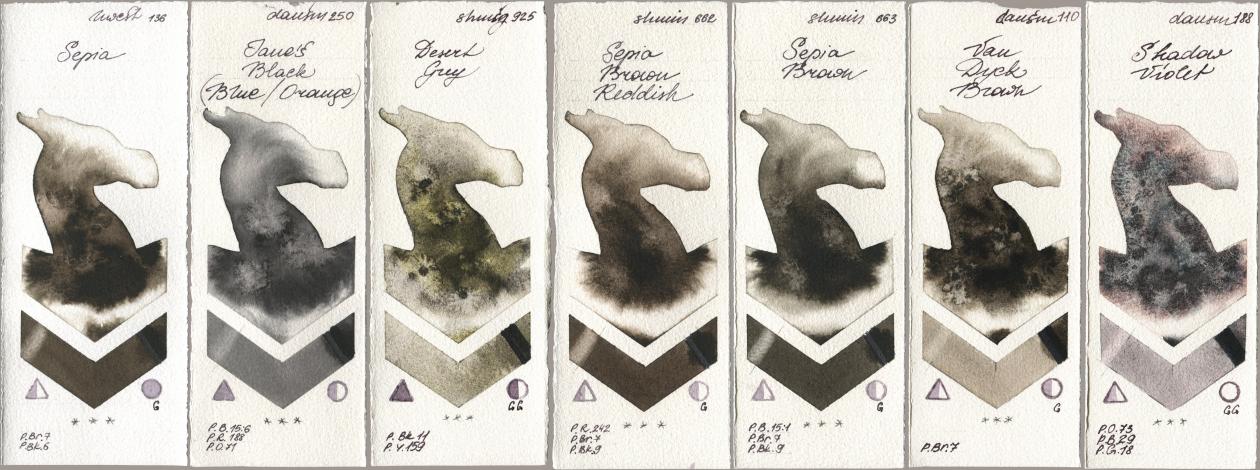 Holbein Artists Watercolor 136 Sepia, Daniel Smith 250 Janes Black (Blue/Orange), Shminke Horadam Aquarell 925 Desert Grey, 662 Sepia Brown Reddish, 663 Sepia Brown, 110 Van Dyck Brown, 188 Shadow Viol watercolor swatch
