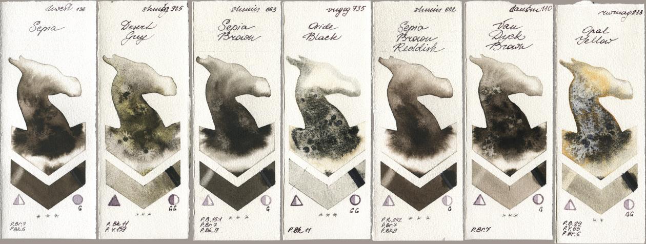 Holbein Artists Watercolor 136 Sepia, Shminke Horadam Aquarell 925 Desert Grey, 663 Sepia Brown, Royal Talens Van Gogh Watercolour 735 Oxide Black, 662 Sepia Brown Reddish, Daniel Smith 110 Van Dyck Brown, Rockwell 233 Opal Yell watercolor swatch