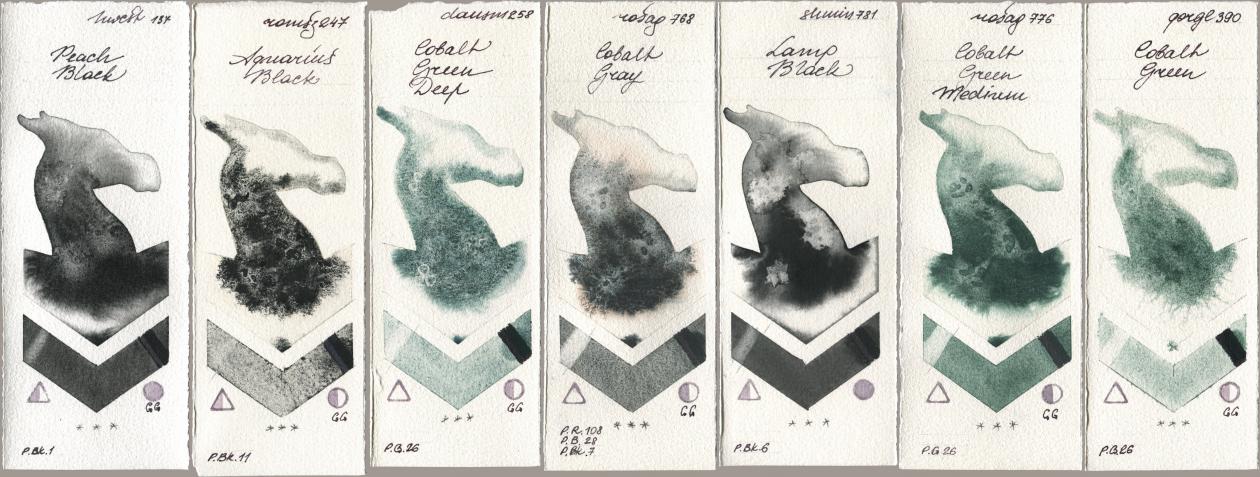 Holbein Artists Watercolor 137 Peach Black, Roman Szmal Aquarius 247 Aquarius Black, Daniel Smith 258 Cobalt Green Deep, Rosa Gallery 768 Cobalt Gray, Shminke Horadam Aquarell 781 Lamp Black, 776 Cobalt Green Medium, Golden QOR 390 Cobalt Gre watercolor swatch