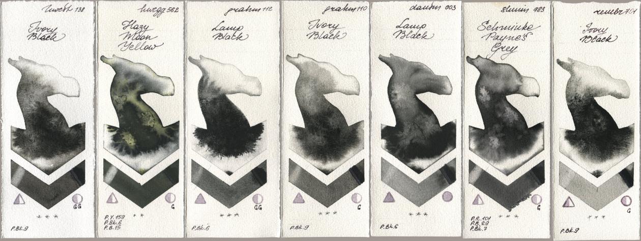 Holbein Artists Watercolor 138 Ivory Black, 562 Hazy Moon Yellow, M. Graham & Co. Artists 112 Lamp Black, 110 Ivory Black, Daniel Smith 003 Lamp Black, Shminke Horadam Aquarell 783 Schmincke Paynes Grey, Royal Talens Rembrandt Watercolour 701 Ivory Bla watercolor swatch