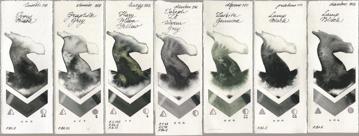 Holbein Artists Watercolor 138 Ivory Black, Shminke Horadam Aquarell 788 Graphite Grey, 562 Hazy Moon Yellow, Daniel Smith 246 Joseph Zs Warm Grey, 180 Zoisite Genuine, M. Graham & Co. Artists 112 Lamp Black, 003 Lamp Bla watercolor swatch