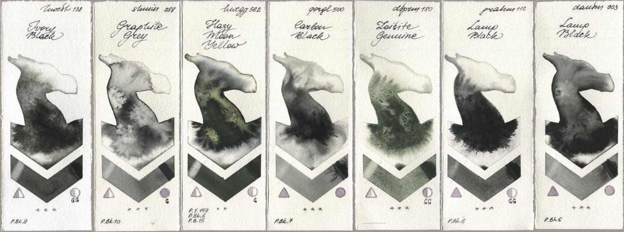 Holbein Artists Watercolor 138 Ivory Black, Shminke Horadam Aquarell 788 Graphite Grey, 562 Hazy Moon Yellow, Golden QOR 500 Carbon Black, Daniel Smith 180 Zoisite Genuine, M. Graham & Co. Artists 112 Lamp Black, 003 Lamp Bla watercolor swatch