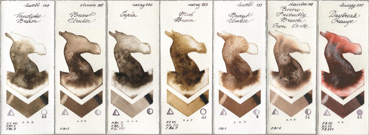 Holbein Artists Watercolor 139 Vandyke Brown, Shminke Horadam Aquarell 668 Burnt Umber, Rosa Gallery 720 Sepia, 723 Mars Brown, 133 Burnt Umber, Daniel Smith 178 Enviro-Friendly Brown Iron Oxide, 551 Daybreak Oran watercolor swatch