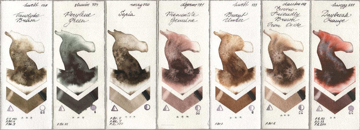 Holbein Artists Watercolor 139 Vandyke Brown, Shminke Horadam Aquarell 784 Perylene Green, Rosa Gallery 720 Sepia, Daniel Smith 191 Piemontite Genuine, 133 Burnt Umber, 178 Enviro-Friendly Brown Iron Oxide, 551 Daybreak Oran watercolor swatch