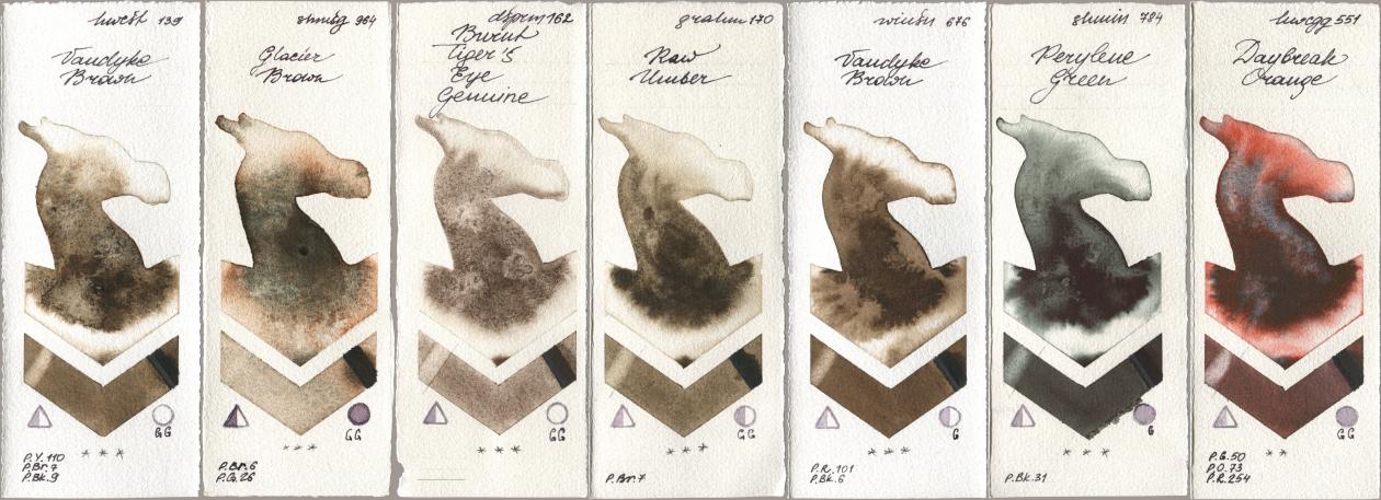 Holbein Artists Watercolor 139 Vandyke Brown, Shminke Horadam Aquarell 964 Glacier Brown, Daniel Smith 162 Burnt Tigers Eye Genuine, M. Graham & Co. Artists 170 Raw Umber, Winsor & Newton Professional 676 Vandyke Brown, 784 Perylene Green, 551 Daybreak Oran watercolor swatch