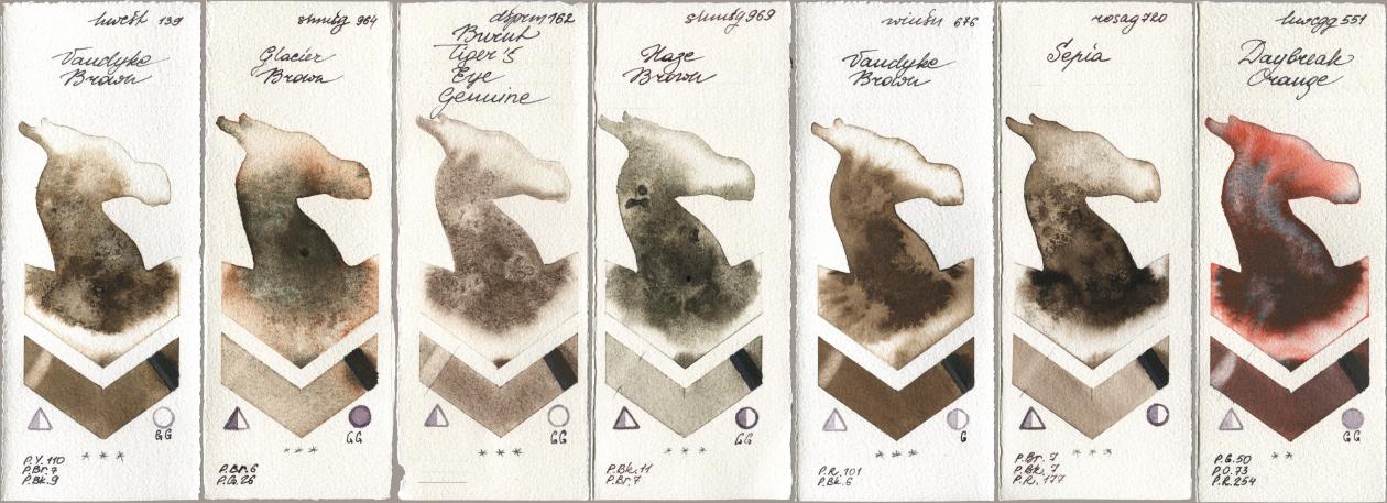 Holbein Artists Watercolor 139 Vandyke Brown, Shminke Horadam Aquarell 964 Glacier Brown, Daniel Smith 162 Burnt Tigers Eye Genuine, 969 Haze Brown, Winsor & Newton Professional 676 Vandyke Brown, Rosa Gallery 720 Sepia, 551 Daybreak Oran watercolor swatch