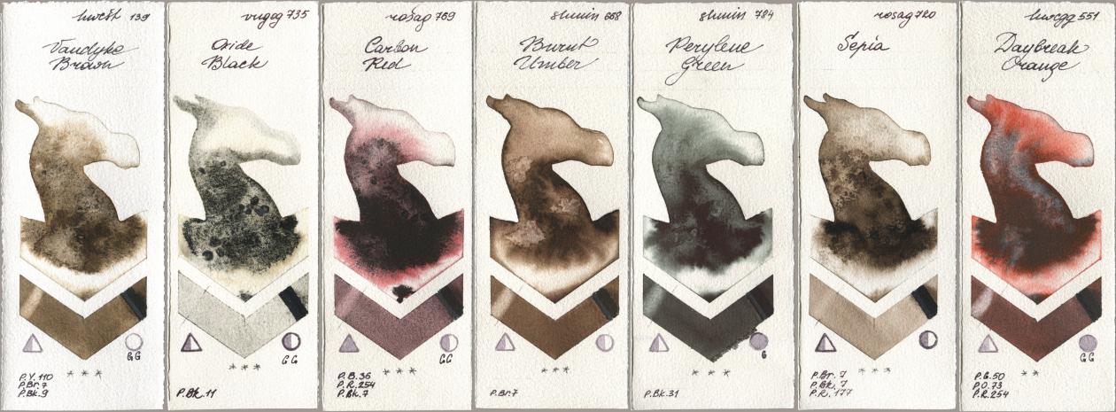 Holbein Artists Watercolor 139 Vandyke Brown, Royal Talens Van Gogh Watercolour 735 Oxide Black, Rosa Gallery 769 Carbon Red, Shminke Horadam Aquarell 668 Burnt Umber, 784 Perylene Green, 720 Sepia, 551 Daybreak Oran watercolor swatch