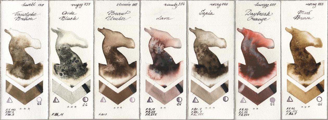 Holbein Artists Watercolor 139 Vandyke Brown, Royal Talens Van Gogh Watercolour 735 Oxide Black, Shminke Horadam Aquarell 668 Burnt Umber, Roman Szmal Aquarius 384 Lava, Rosa Gallery 720 Sepia, 551 Daybreak Orange, 723 Mars Bro watercolor swatch