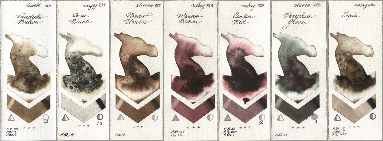 Holbein Artists Watercolor 139 Vandyke Brown, Royal Talens Van Gogh Watercolour 735 Oxide Black, Shminke Horadam Aquarell 668 Burnt Umber, Rosa Gallery 763 Maroon Brown, 769 Carbon Red, 784 Perylene Green, 720 Sep watercolor swatch
