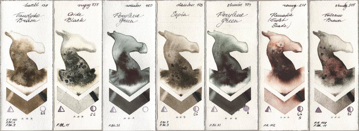 Holbein Artists Watercolor 139 Vandyke Brown, Royal Talens Van Gogh Watercolour 735 Oxide Black, Winsor & Newton Professional 460 Perylene Green, Daniel Smith 103 Sepia, Shminke Horadam Aquarell 784 Perylene Green, Roman Szmal Aquarius 248 Hematite (Violet Shade), 915 Volcano Bro watercolor swatch