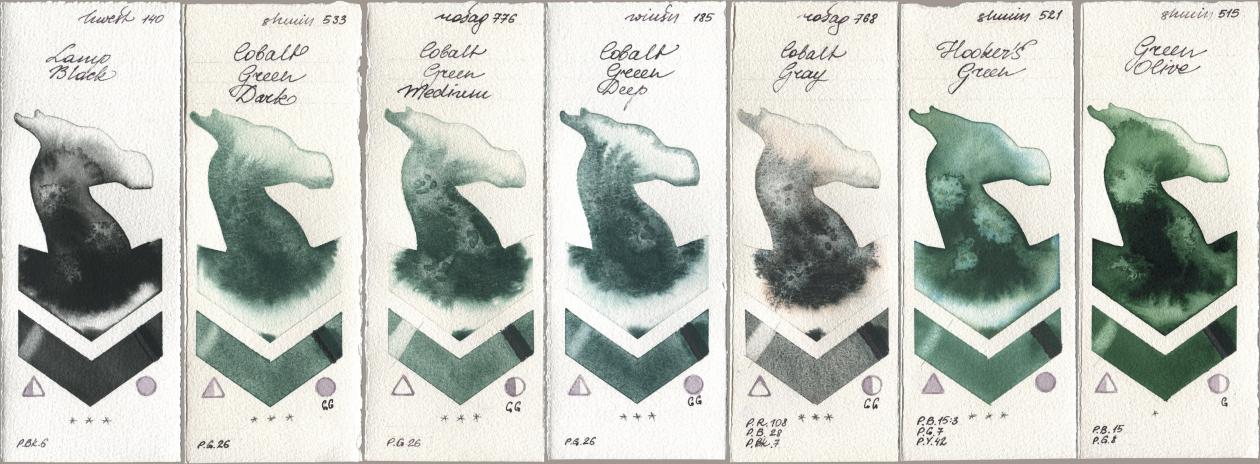 Holbein Artists Watercolor 140 Lamp Black, Shminke Horadam Aquarell 533 Cobalt Green Dark, Rosa Gallery 776 Cobalt Green Medium, Winsor & Newton Professional 185 Cobalt Green Deep, 768 Cobalt Gray, 521 Hookers Green, 515 Green Oli watercolor swatch