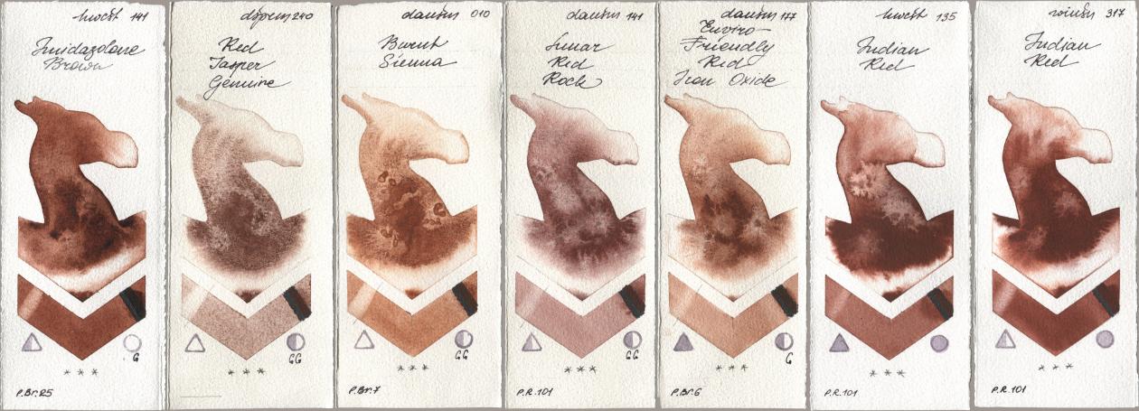 Holbein Artists Watercolor 141 Imidazolone Brown, Daniel Smith 240 Red Jasper Genuine, 010 Burnt Sienna, 141 Lunar Red Rock, 177 Enviro-Friendly Red Iron Oxide, 135 Indian Red, Winsor & Newton Professional 317 Indian R watercolor swatch
