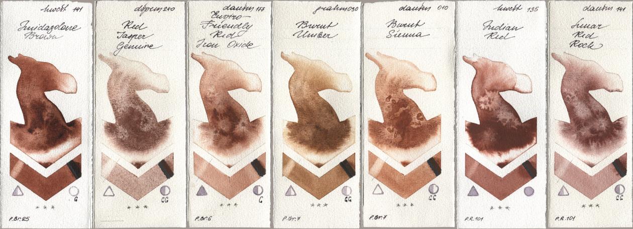 Holbein Artists Watercolor 141 Imidazolone Brown, Daniel Smith 240 Red Jasper Genuine, 177 Enviro-Friendly Red Iron Oxide, M. Graham & Co. Artists 030 Burnt Umber, 010 Burnt Sienna, 135 Indian Red, 141 Lunar Red Ro watercolor swatch
