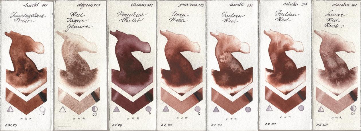 Holbein Artists Watercolor 141 Imidazolone Brown, Daniel Smith 240 Red Jasper Genuine, Shminke Horadam Aquarell 371 Perylene Violet, M. Graham & Co. Artists 179 Terra Rosa, 135 Indian Red, Winsor & Newton Professional 317 Indian Red, 141 Lunar Red Ro watercolor swatch