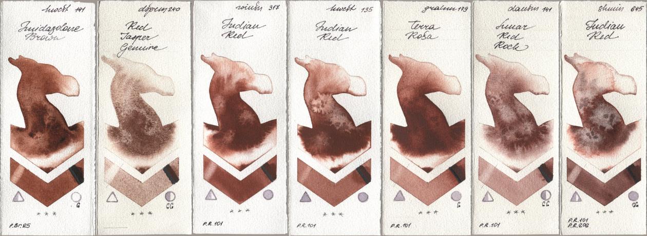Holbein Artists Watercolor 141 Imidazolone Brown, Daniel Smith 240 Red Jasper Genuine, Winsor & Newton Professional 317 Indian Red, 135 Indian Red, M. Graham & Co. Artists 179 Terra Rosa, 141 Lunar Red Rock, Shminke Horadam Aquarell 645 Indian R watercolor swatch