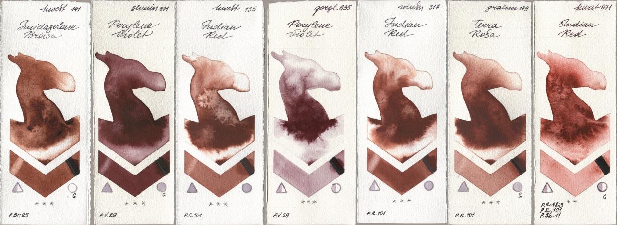 Holbein Artists Watercolor 141 Imidazolone Brown, Shminke Horadam Aquarell 371 Perylene Violet, 135 Indian Red, Golden QOR 635 Perylene Violet, Winsor & Newton Professional 317 Indian Red, M. Graham & Co. Artists 179 Terra Rosa, Kuretake Gansai Tambi 071 Indian R watercolor swatch