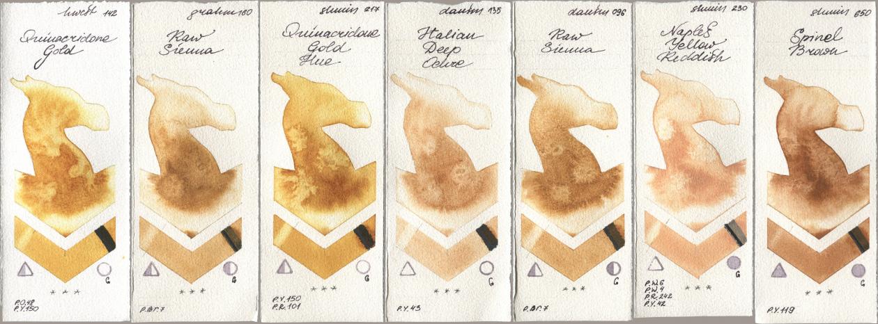 Holbein Artists Watercolor 142 Quinacridone Gold, M. Graham & Co. Artists 160 Raw Sienna, Shminke Horadam Aquarell 217 Quinacridone Gold Hue, Daniel Smith 135 Italian Deep Ochre, 096 Raw Sienna, 230 Naples Yellow Reddish, 650 Spinel Bro watercolor swatch