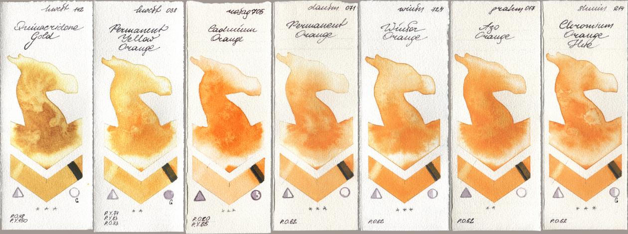 Holbein Artists Watercolor 142 Quinacridone Gold, 038 Permanent Yellow Orange, Rosa Gallery 705 Cadmium Orange, Daniel Smith 071 Permanent Orange, Winsor & Newton Professional 724 Winsor Orange, M. Graham & Co. Artists 017 Azo Orange, Shminke Horadam Aquarell 214 Chrome Organge LF (Chromium Orange Hu watercolor swatch