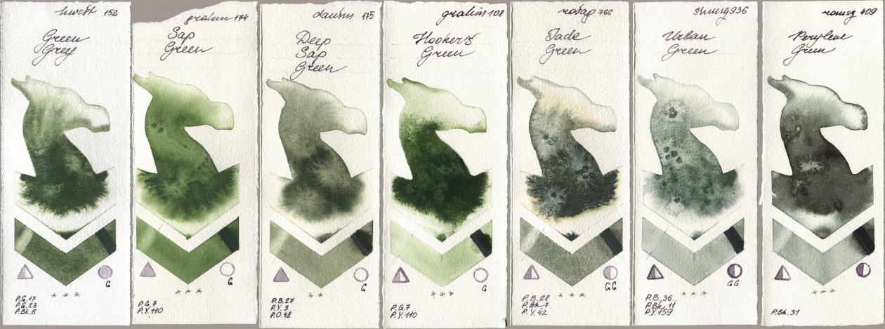 Holbein Artists Watercolor 152 Green Grey, M. Graham & Co. Artists 174 Sap Green, Daniel Smith 175 Deep Sap Green, 108 Hookers Green, Rosa Gallery 766 Jade Green, Shminke Horadam Aquarell 936 Urban Green, Roman Szmal Aquarius 409 Perylene Gre watercolor swatch