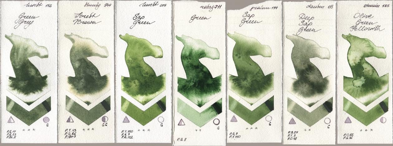 Holbein Artists Watercolor 152 Green Grey, Shminke Horadam Aquarell 944 Forest Brown, 075 Sap Green, Rosa Gallery 711 Green, M. Graham & Co. Artists 174 Sap Green, Daniel Smith 175 Deep Sap Green, 525 Olive Green Yellowi watercolor swatch