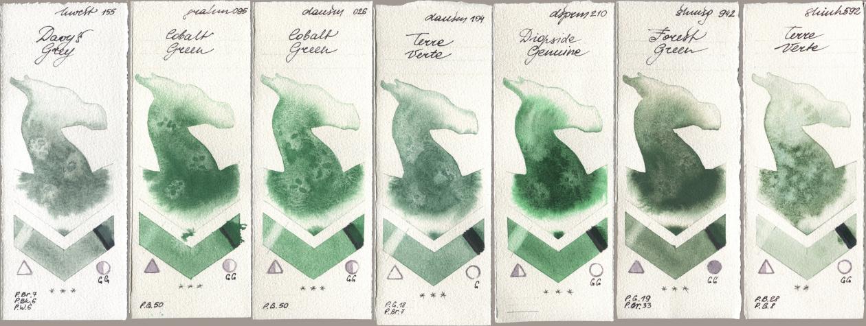 Holbein Artists Watercolor 155 Davys Grey, M. Graham & Co. Artists 095 Cobalt Green, Daniel Smith 026 Cobalt Green, 104 Terre Verte, 210 Diopside Genuine, Shminke Horadam Aquarell 942 Forest Green, Shinhan PWC 592 Terre Ver watercolor swatch