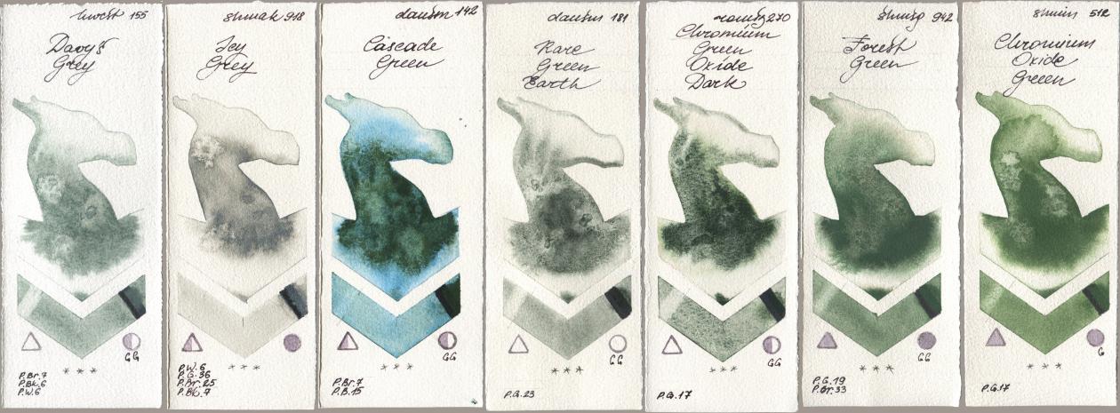 Holbein Artists Watercolor 155 Davys Grey, Shminke Akademie Aquarell 918 Icy Grey, Daniel Smith 142 Cascade Green, 181 Rare Green Earth, Roman Szmal Aquarius 270 Chromium Green Oxide Dark, Shminke Horadam Aquarell 942 Forest Green, 512 Chromium Oxide Gre watercolor swatch