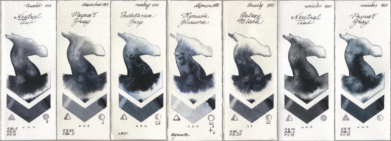 Holbein Artists Watercolor 157 Neutral Tint, Daniel Smith 065 Paynes Gray, Rosa Gallery 778 Indanthrene Grey, 186 Kyanite Genuine, Shminke Horadam Aquarell 975 Galaxy Black, Winsor & Newton Professional 430 Neutral Tint, 465 Paynes Gr watercolor swatch