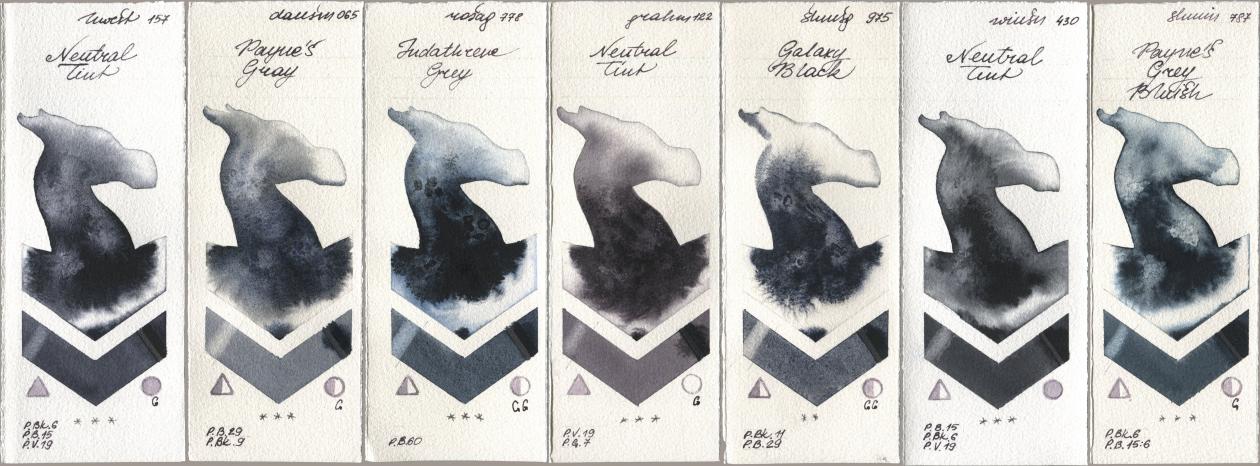 Holbein Artists Watercolor 157 Neutral Tint, Daniel Smith 065 Paynes Gray, Rosa Gallery 778 Indanthrene Grey, M. Graham & Co. Artists 122 Neutral Tint, Shminke Horadam Aquarell 975 Galaxy Black, Winsor & Newton Professional 430 Neutral Tint, 787 Paynes Grey Blui watercolor swatch