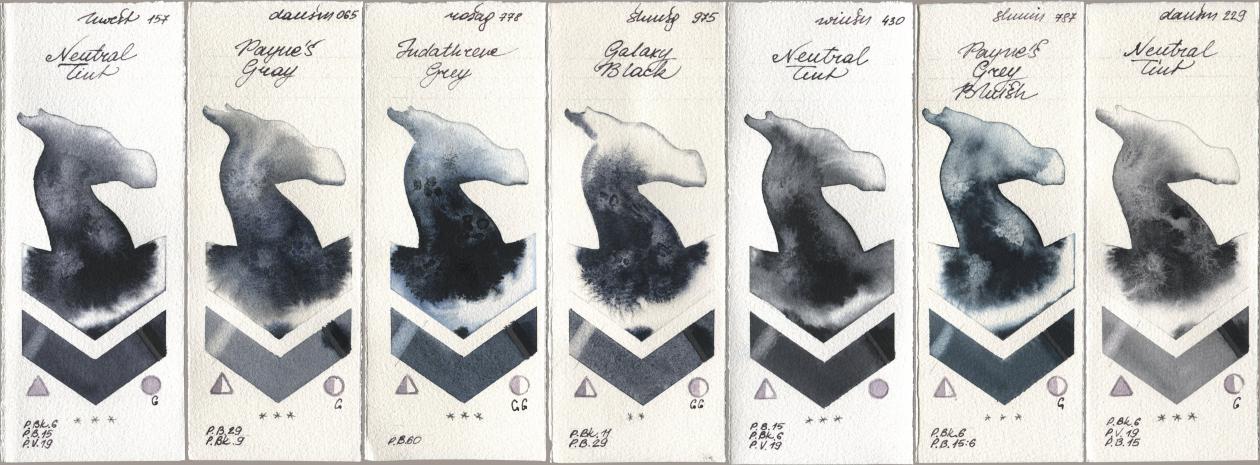 Holbein Artists Watercolor 157 Neutral Tint, Daniel Smith 065 Paynes Gray, Rosa Gallery 778 Indanthrene Grey, Shminke Horadam Aquarell 975 Galaxy Black, Winsor & Newton Professional 430 Neutral Tint, 787 Paynes Grey Bluish, 229 Neutral Ti watercolor swatch