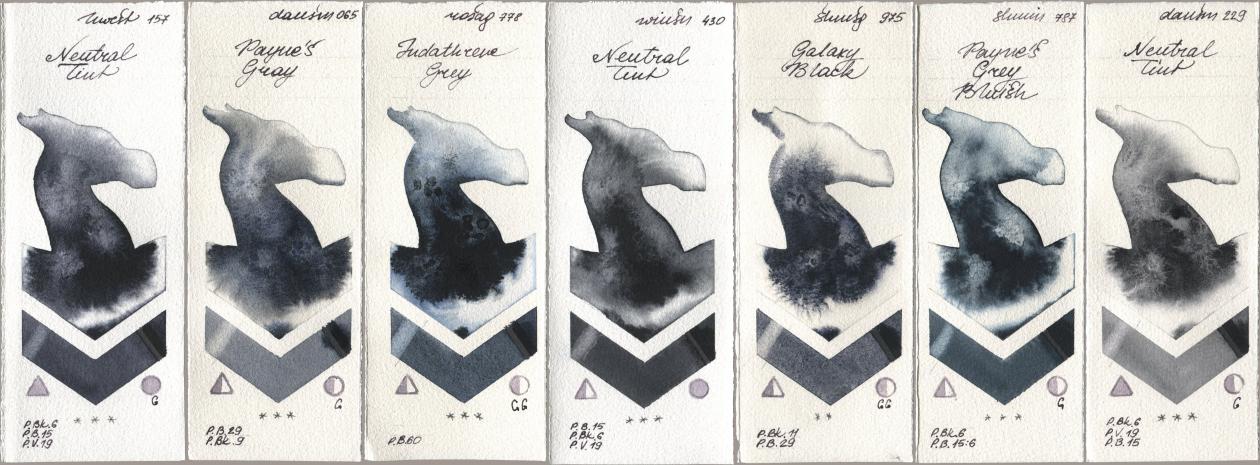 Holbein Artists Watercolor 157 Neutral Tint, Daniel Smith 065 Paynes Gray, Rosa Gallery 778 Indanthrene Grey, Winsor & Newton Professional 430 Neutral Tint, Shminke Horadam Aquarell 975 Galaxy Black, 787 Paynes Grey Bluish, 229 Neutral Ti watercolor swatch