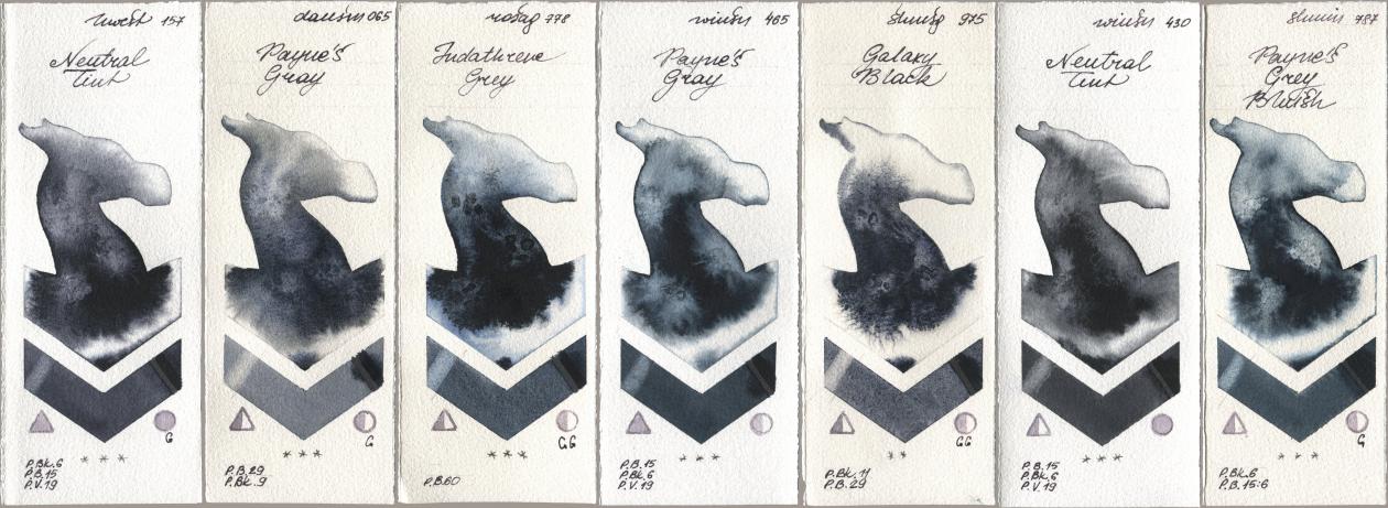 Holbein Artists Watercolor 157 Neutral Tint, Daniel Smith 065 Paynes Gray, Rosa Gallery 778 Indanthrene Grey, Winsor & Newton Professional 465 Paynes Gray, Shminke Horadam Aquarell 975 Galaxy Black, 430 Neutral Tint, 787 Paynes Grey Blui watercolor swatch