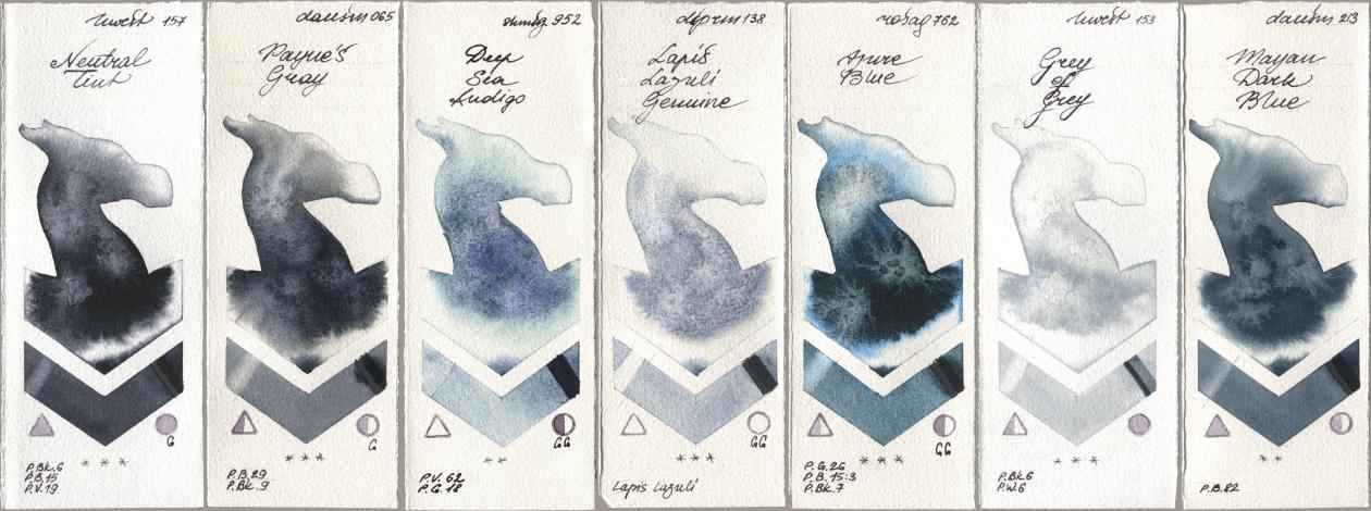 Holbein Artists Watercolor 157 Neutral Tint, Daniel Smith 065 Paynes Gray, Shminke Horadam Aquarell 952 Deep Sea Indigo, 138 Lapis Lazuli Genuine, Rosa Gallery 762 Azure Blue, 153 Grey of Grey, 213 Mayan Dark Bl watercolor swatch