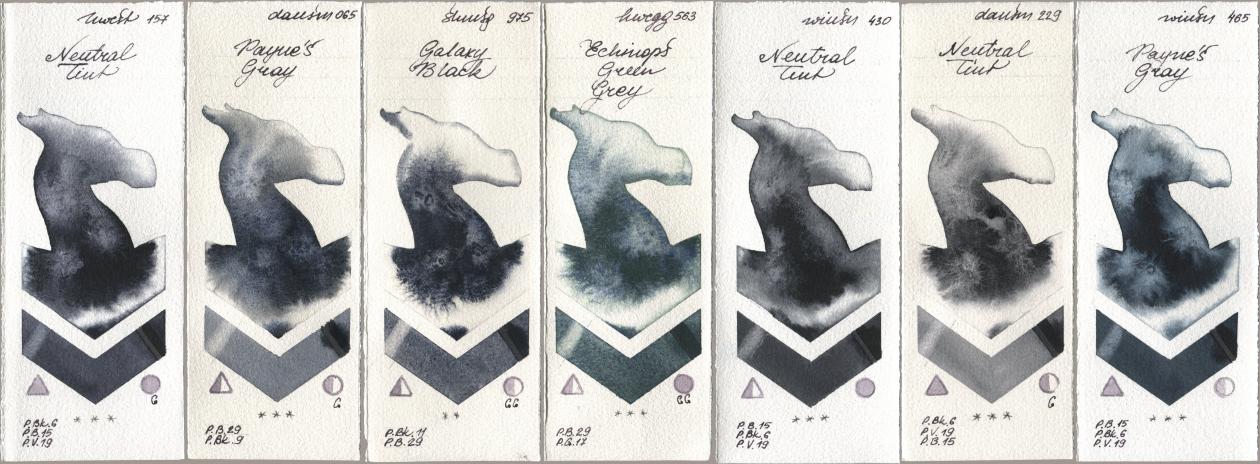 Holbein Artists Watercolor 157 Neutral Tint, Daniel Smith 065 Paynes Gray, Shminke Horadam Aquarell 975 Galaxy Black, 563 Echinops Green Grey, Winsor & Newton Professional 430 Neutral Tint, 229 Neutral Tint, 465 Paynes Gr watercolor swatch
