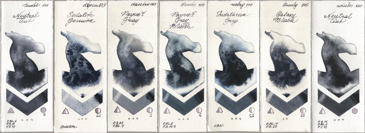 Holbein Artists Watercolor 157 Neutral Tint, Daniel Smith 179 Sodalite Genuine, 065 Paynes Gray, Shminke Horadam Aquarell 787 Paynes Grey Bluish, Rosa Gallery 778 Indanthrene Grey, 975 Galaxy Black, Winsor & Newton Professional 430 Neutral Ti watercolor swatch