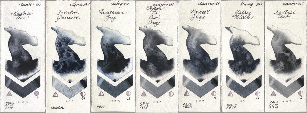 Holbein Artists Watercolor 157 Neutral Tint, Daniel Smith 179 Sodalite Genuine, Rosa Gallery 778 Indanthrene Grey, 245 Joseph Zs Cool Grey, 065 Paynes Gray, Shminke Horadam Aquarell 975 Galaxy Black, 229 Neutral Ti watercolor swatch