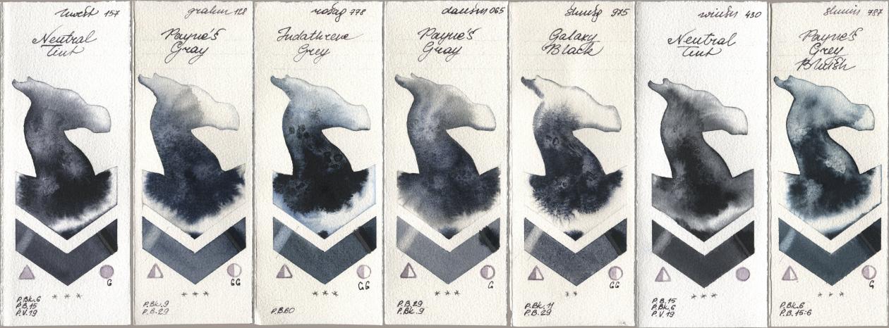 Holbein Artists Watercolor 157 Neutral Tint, M. Graham & Co. Artists 128 Payne’s Gray, Rosa Gallery 778 Indanthrene Grey, Daniel Smith 065 Paynes Gray, Shminke Horadam Aquarell 975 Galaxy Black, Winsor & Newton Professional 430 Neutral Tint, 787 Paynes Grey Blui watercolor swatch