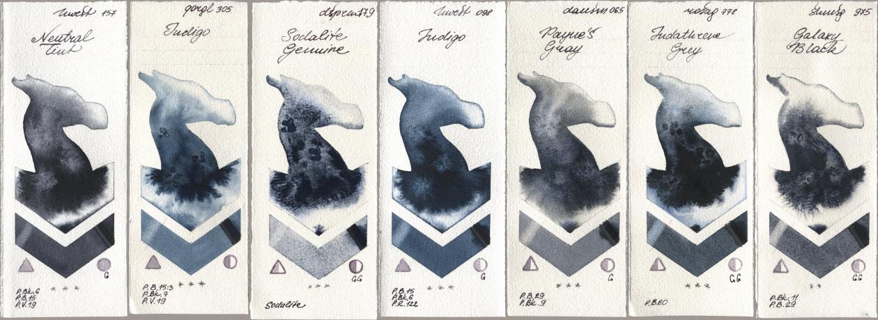 Holbein Artists Watercolor 157 Neutral Tint, Golden QOR 305 Indigo, Daniel Smith 179 Sodalite Genuine, 098 Indigo, 065 Paynes Gray, Rosa Gallery 778 Indanthrene Grey, Shminke Horadam Aquarell 975 Galaxy Bla watercolor swatch
