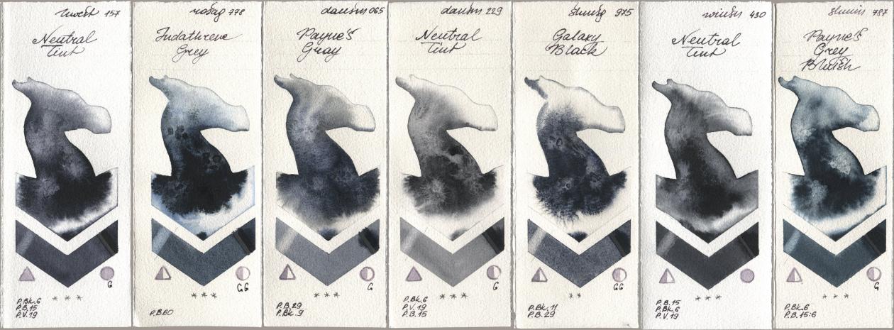 Holbein Artists Watercolor 157 Neutral Tint, Rosa Gallery 778 Indanthrene Grey, Daniel Smith 065 Paynes Gray, 229 Neutral Tint, Shminke Horadam Aquarell 975 Galaxy Black, Winsor & Newton Professional 430 Neutral Tint, 787 Paynes Grey Blui watercolor swatch