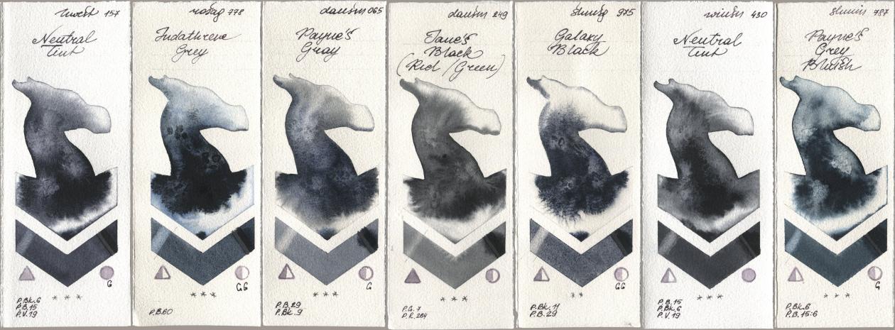 Holbein Artists Watercolor 157 Neutral Tint, Rosa Gallery 778 Indanthrene Grey, Daniel Smith 065 Paynes Gray, 249 Janes Black (Red/Green), Shminke Horadam Aquarell 975 Galaxy Black, Winsor & Newton Professional 430 Neutral Tint, 787 Paynes Grey Blui watercolor swatch